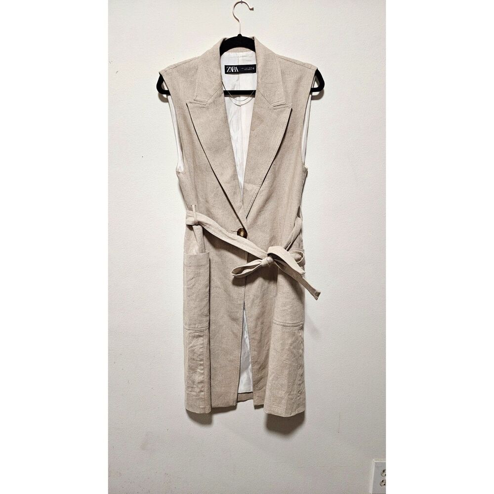 Zara Linen Longline Belted Vest Waistcoat Oatmeal S